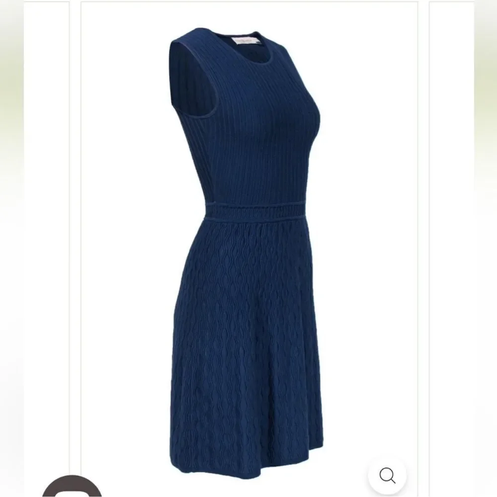 Tory Burch L LIAM Navy Knit Fit-and-Flare Textured Sleeves Dress